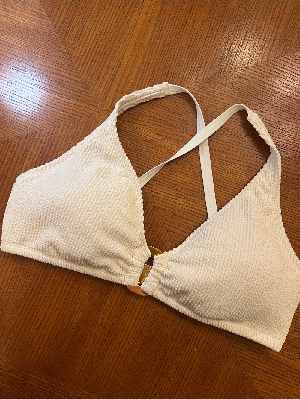 Women’s Cream white textured bikini top with Gold Accent B28